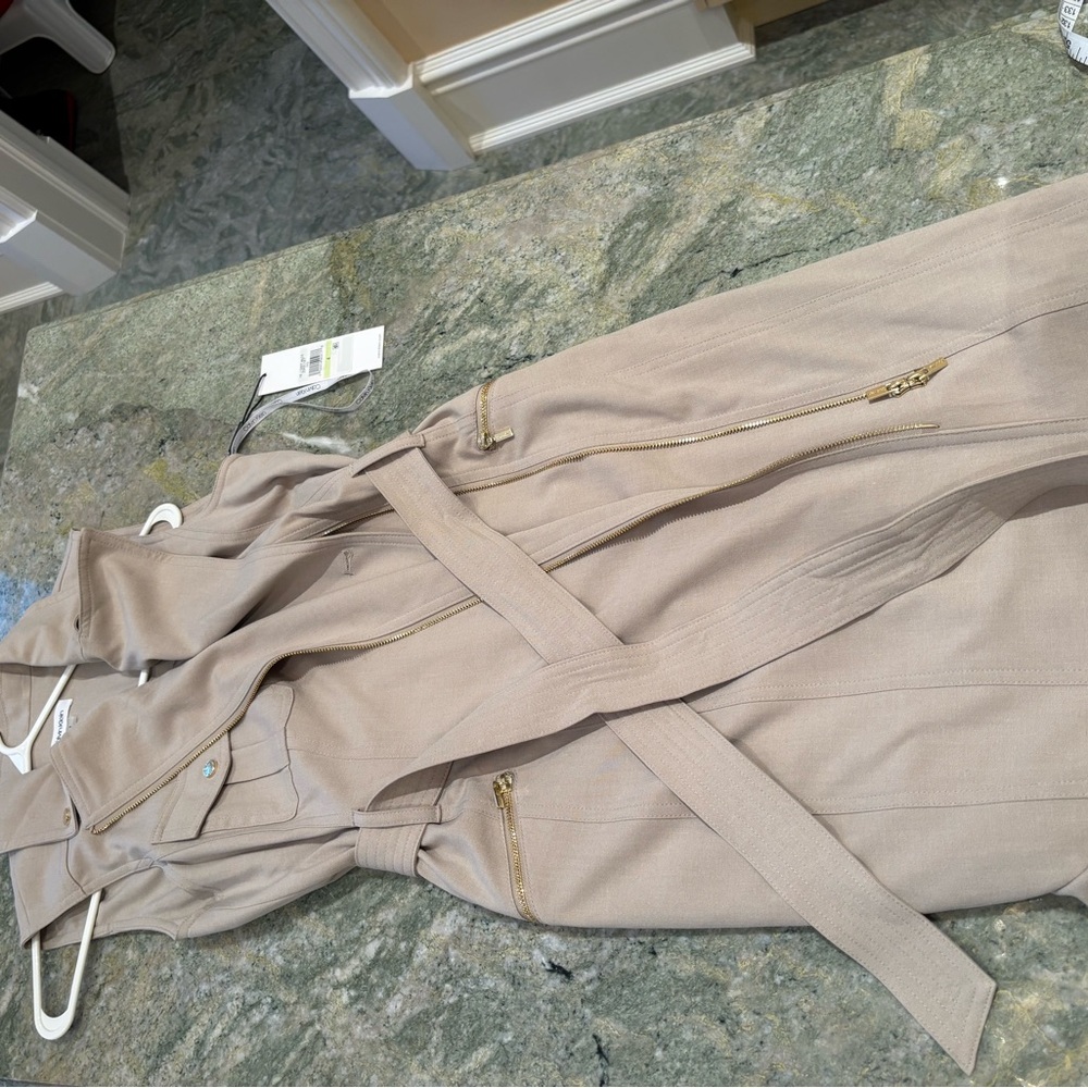 Beige Trench Coat Dress with Gold Accents NWT